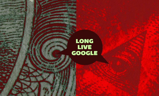 A graphic split in two, with the left side showing a very close up image of a swirl, and the right showing a close up image of a red Eye of Providence from the one dollar bill. In the middle is a speech bubble that reads, "Long live google."