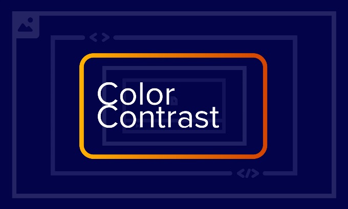 The words Color Contrast on a blue-purple background with rectangles representing areas of accessibility such as images, code, etc. with the rectangle around the words highlighted in orange.