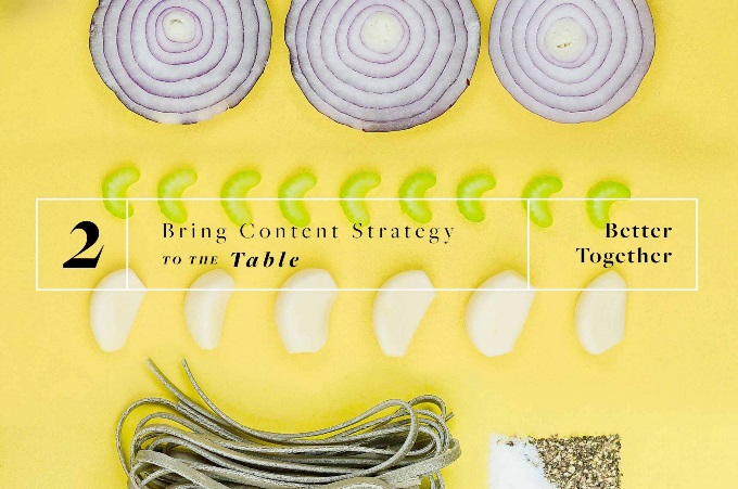A yellow background with cooking ingredients laid out neatly, including onion and celery slices, garlic cloves, pasta, and salt and pepper. There is text over the background that reads, "2. Bring Content Strategy to the Table: Better Together."