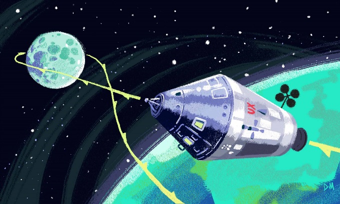 Graphic of a spacecraft leaving the atmosphere and orbiting around the moon.