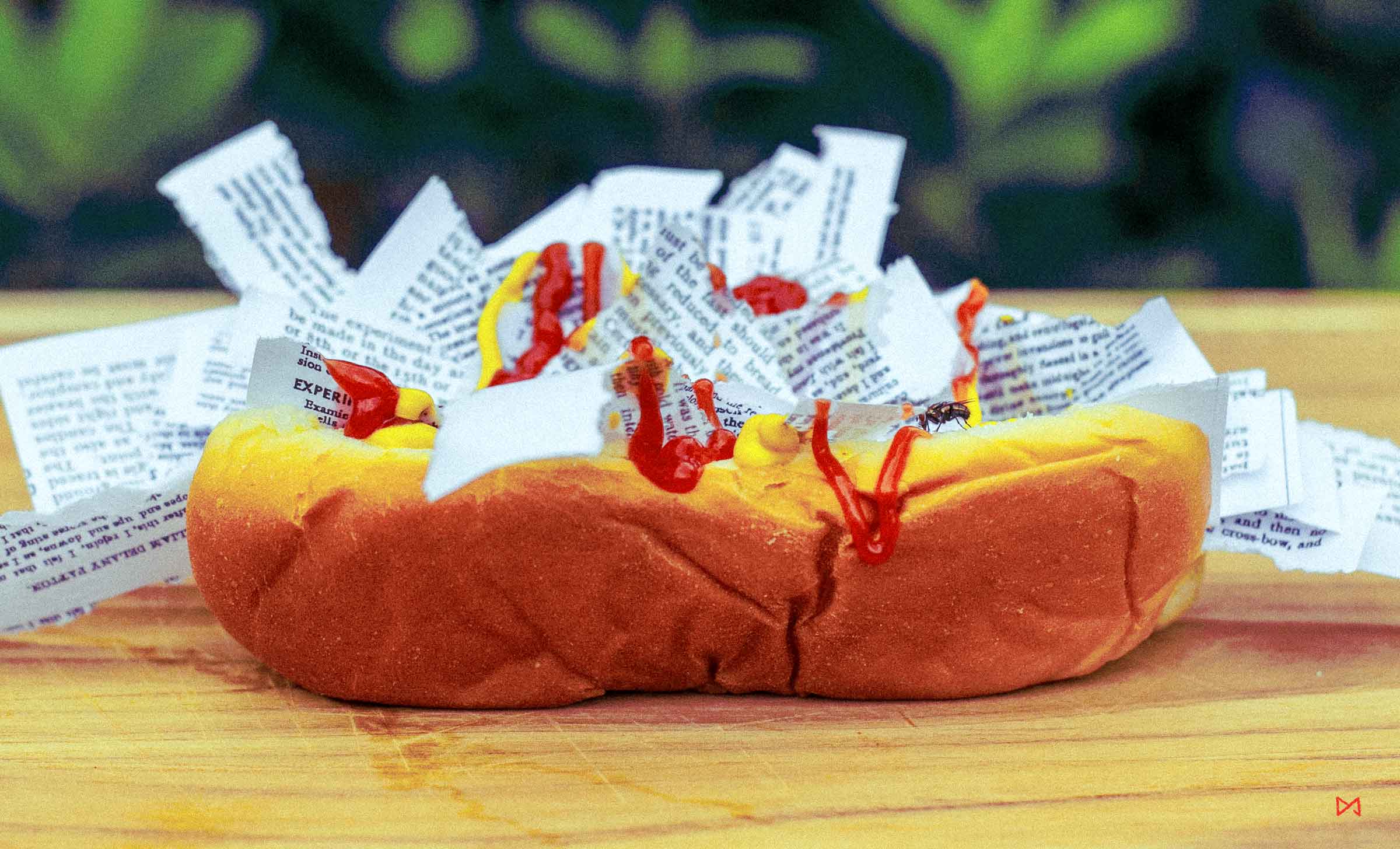 A hot dog bun filled with scraps of paper. covered in ketchup and mustard.