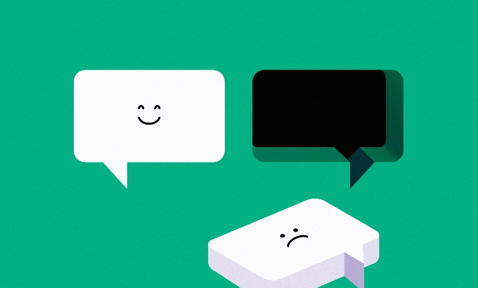 A happy speech bubble floating next to a sad speech bubble that fell out of his spot.