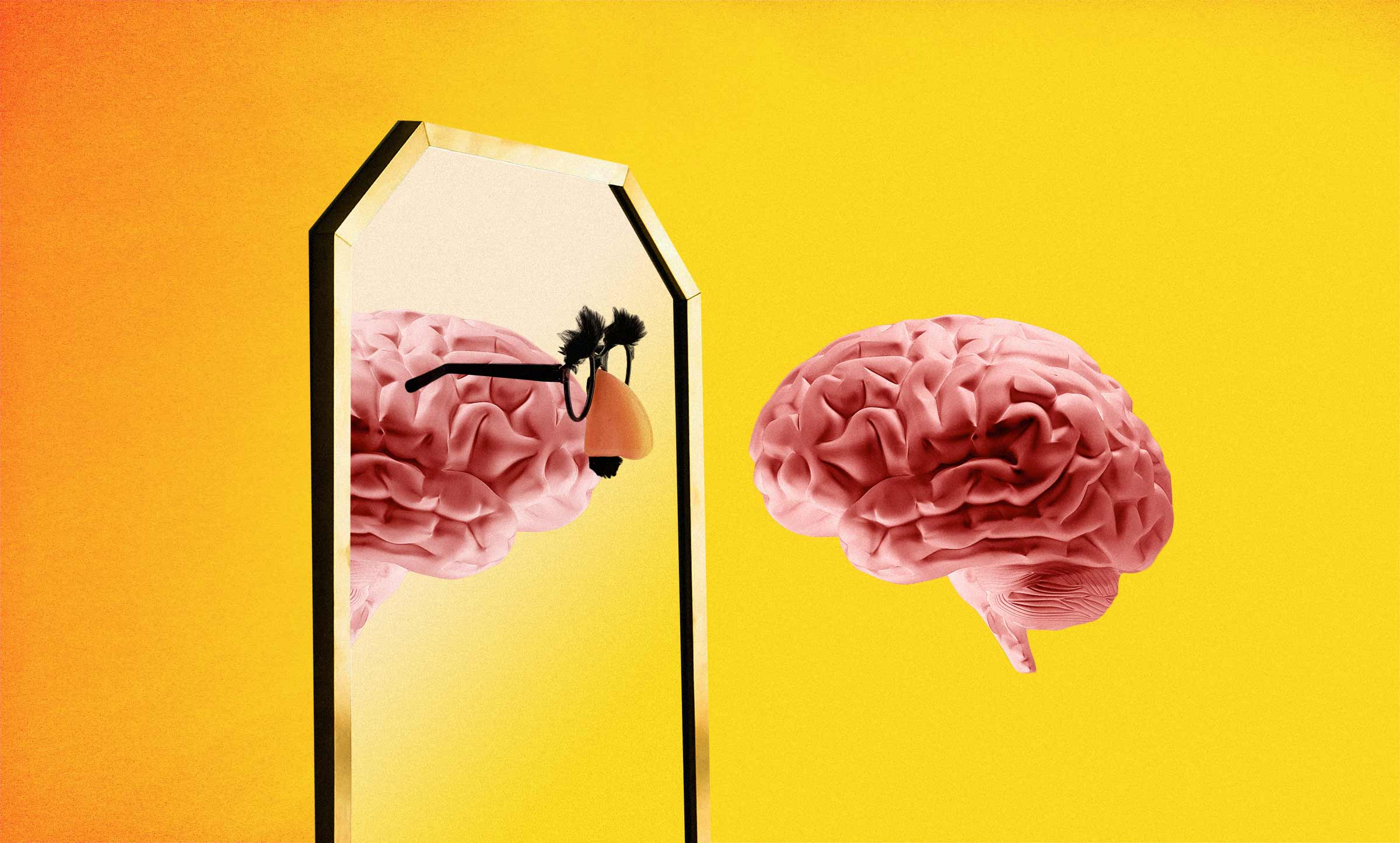A brain looking at its reflection in the mirror. Its reflection wears a disguise.