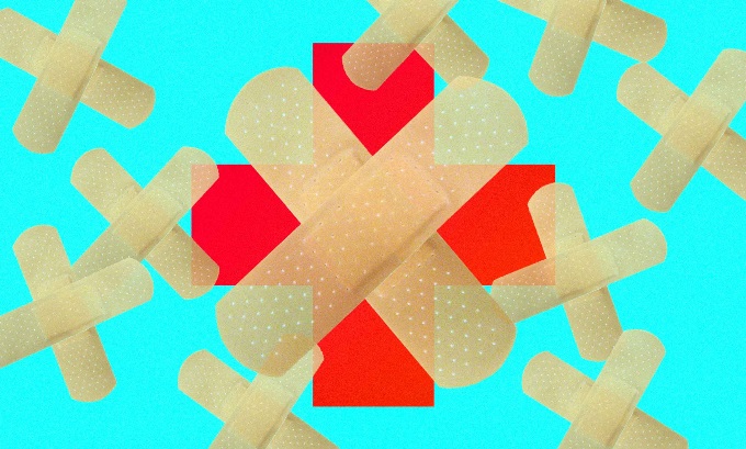 The healthcare red plus icon covered in band-aids on a bright blue background.
