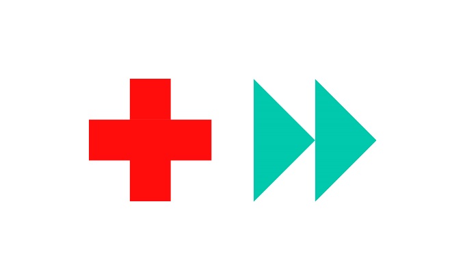 Graphic of a red plus sign to represent the medic icon and a teal fast-forward symbol.