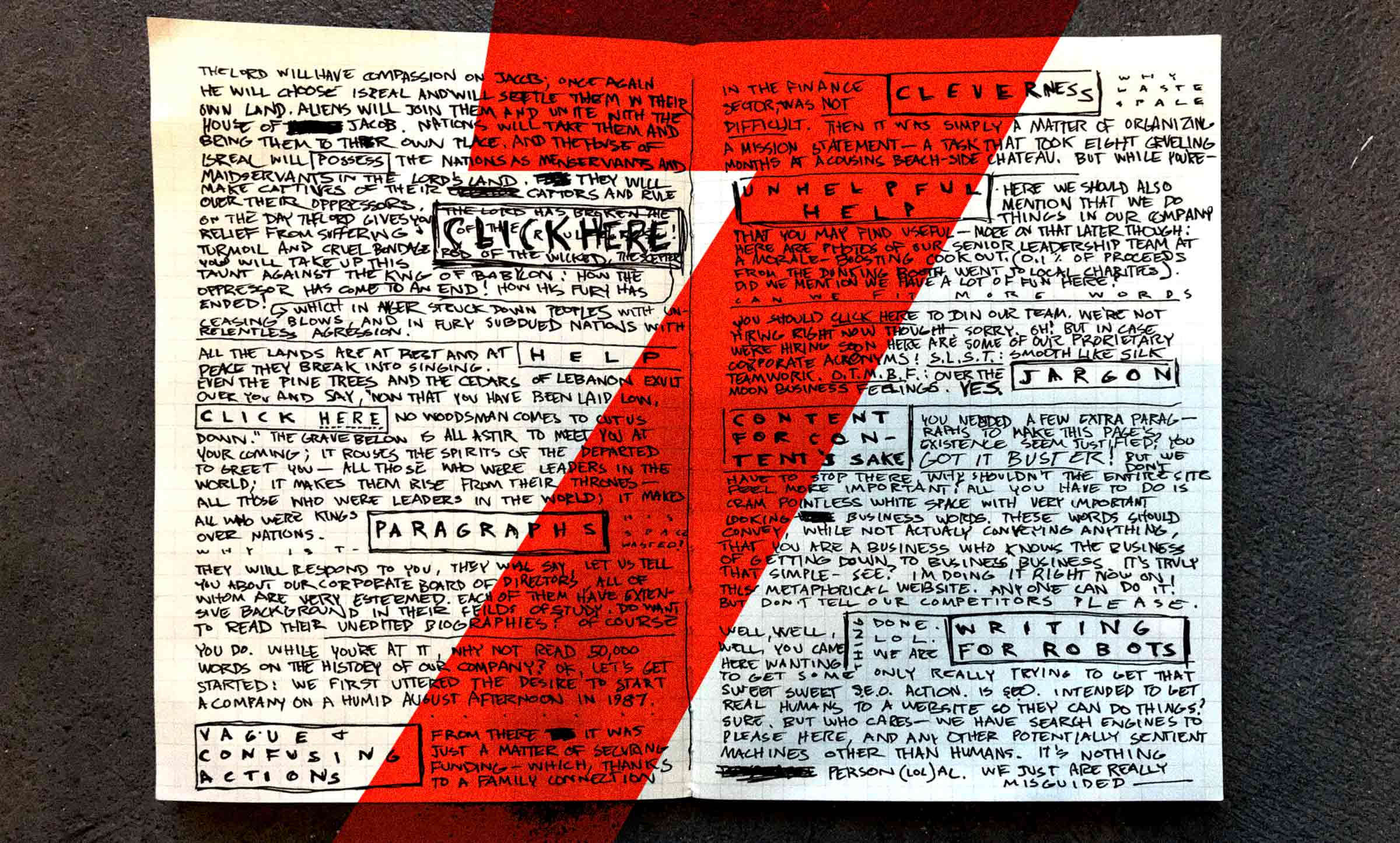 Indiscernible scribblings in a journal demonstrate bad content errors found on websites. A large red 7 is placed on top of the writing.