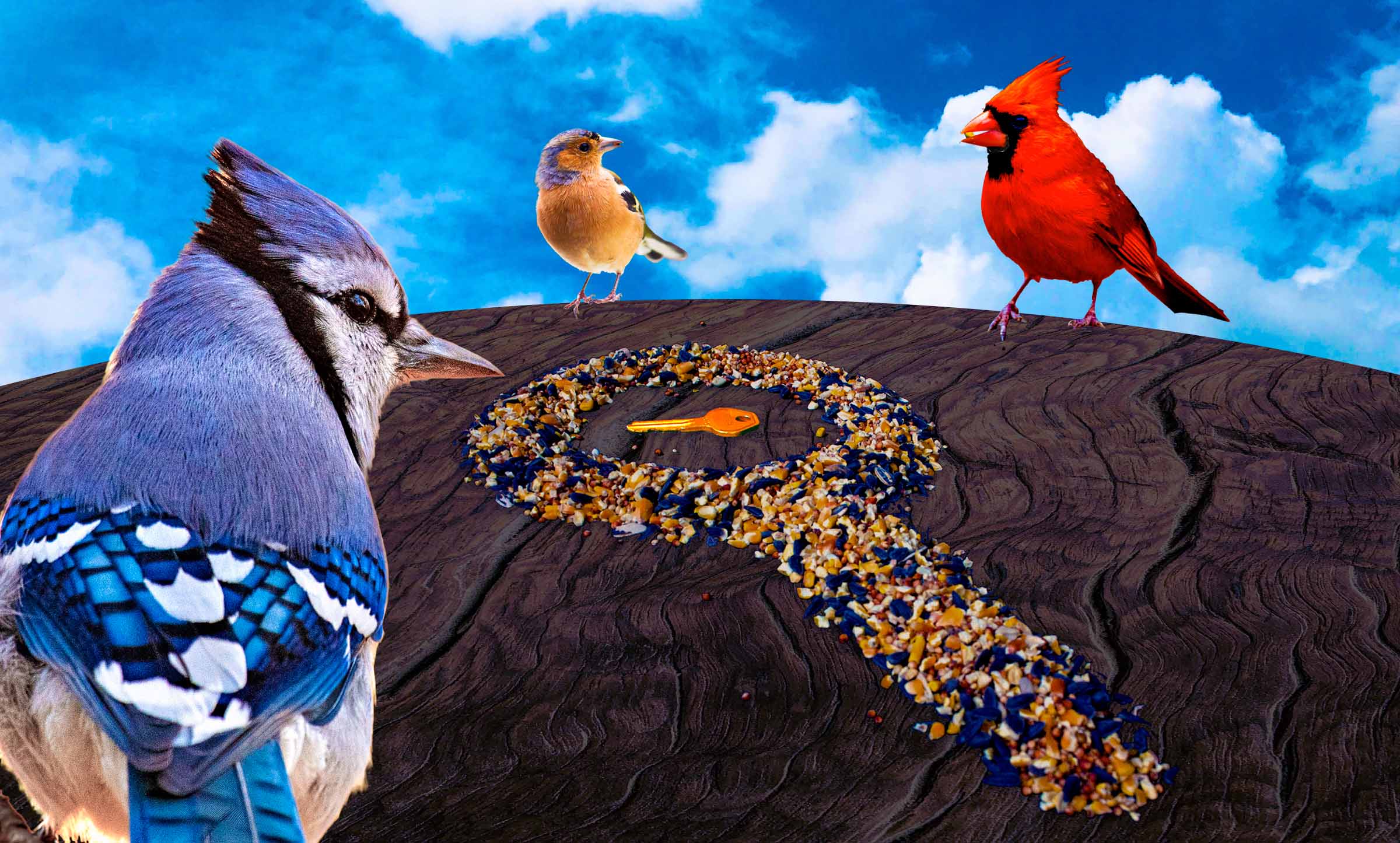 Graphic of three birds eating and looking at a search icon (in the shape of a magnifying glass) made of bird seeds. In the search icon is a house key.