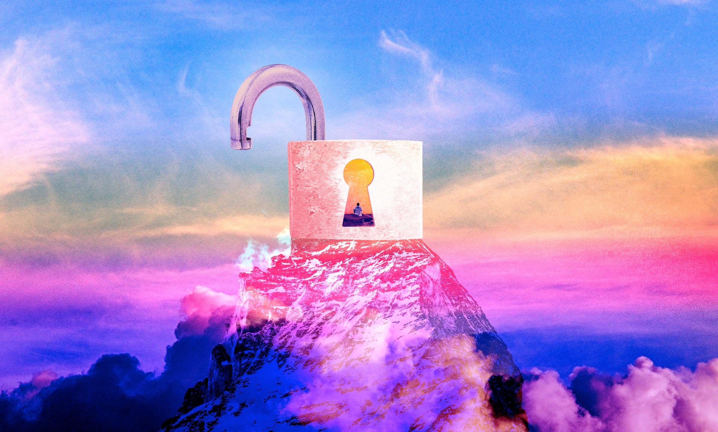 A giant lock on top of a snowcapped mountain. The lock is open and in the keyhole is a man sitting in a brick room. The sky has hues of blue, orange, and purple.