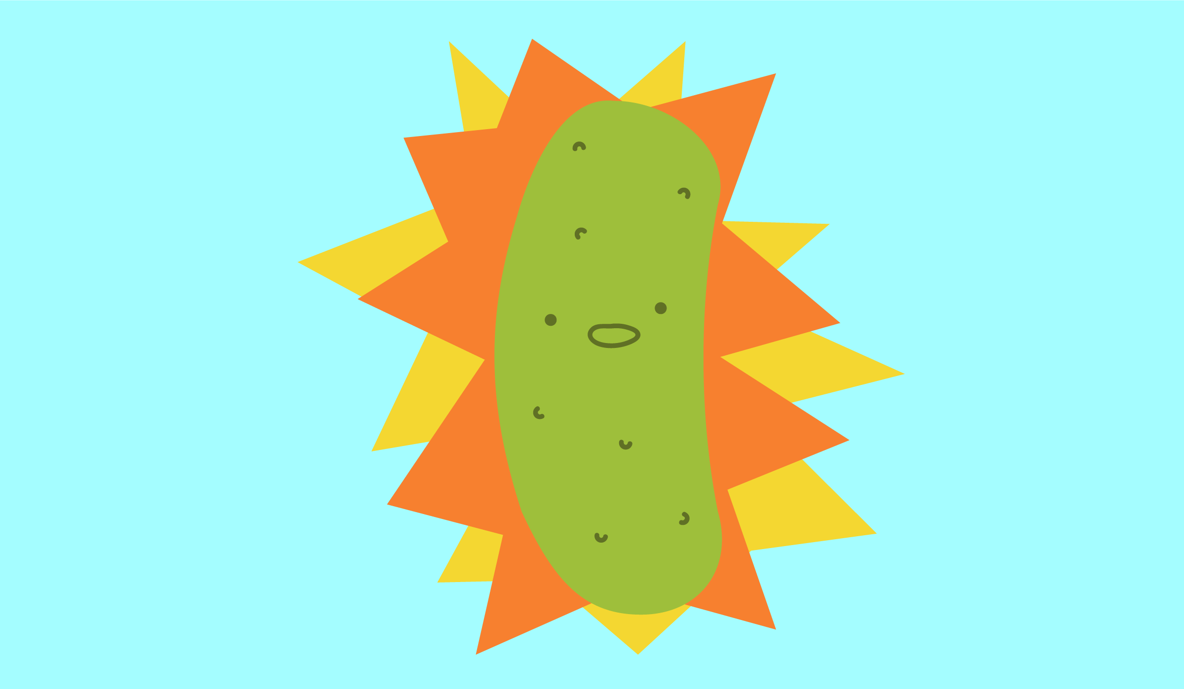 A blue background with a smiling green pickle overlaid on orange and yellow bursts.