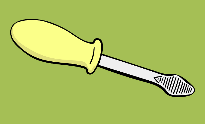 A graphic of a screwdriver with a yellow handle on top of a green background.