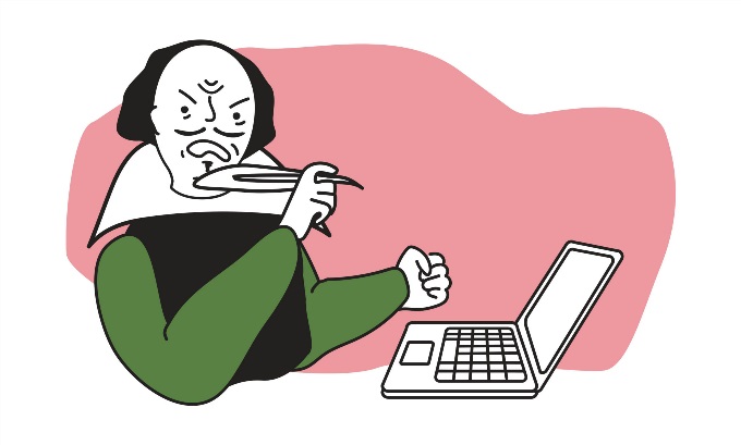Shakespeare holding a quill, trying to figure out a computer.