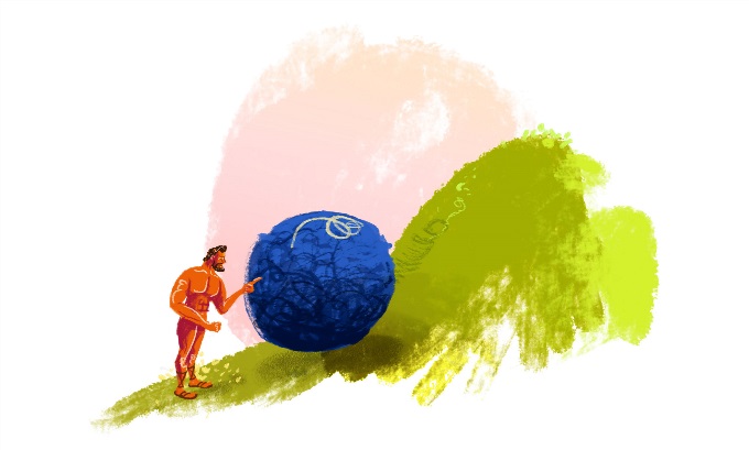 Graphic of Sisyphus lecturing ata boulder for always rolling back down a hill, a side effect of his eternal punishment.