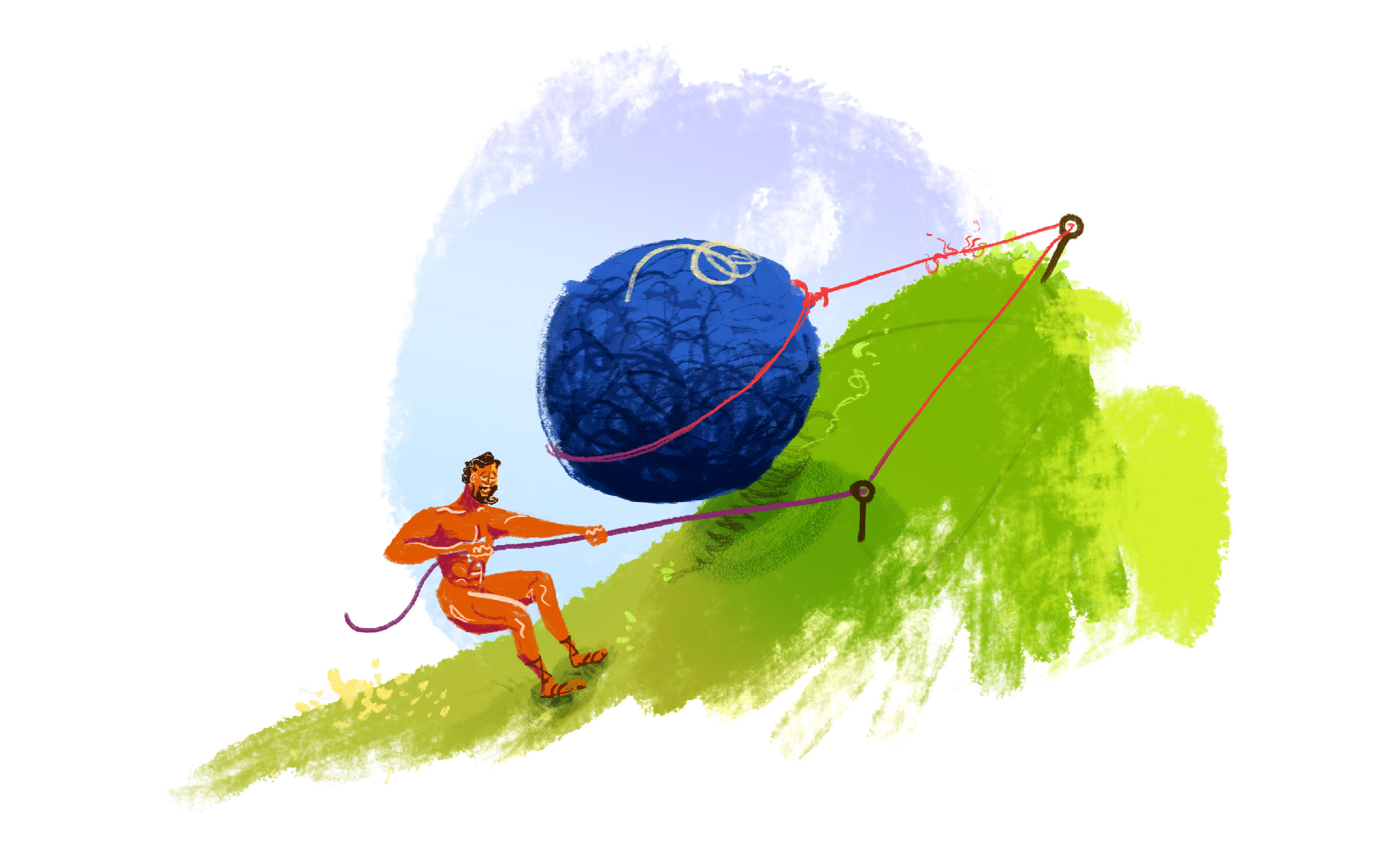 Sisyphus holding a bolder in place by pulling on a rope tied around the boulder.