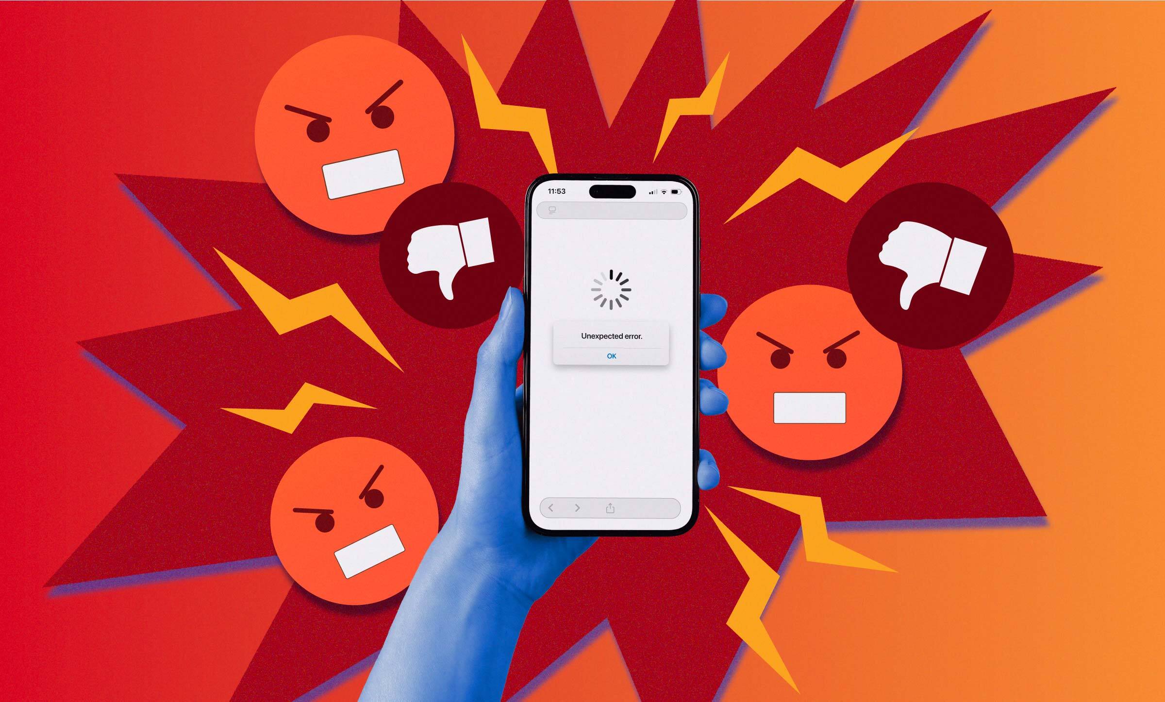 A hand holds a phone that shows a loading screen. Thumbs down and red, angry faces float around the phone.