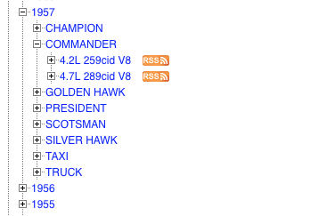 3 A list of blue links. The 1957 drop down arrow is open. The two options are 4.2L 259cid V8 and 4.7L 289cid V8, each with an rss symbol.