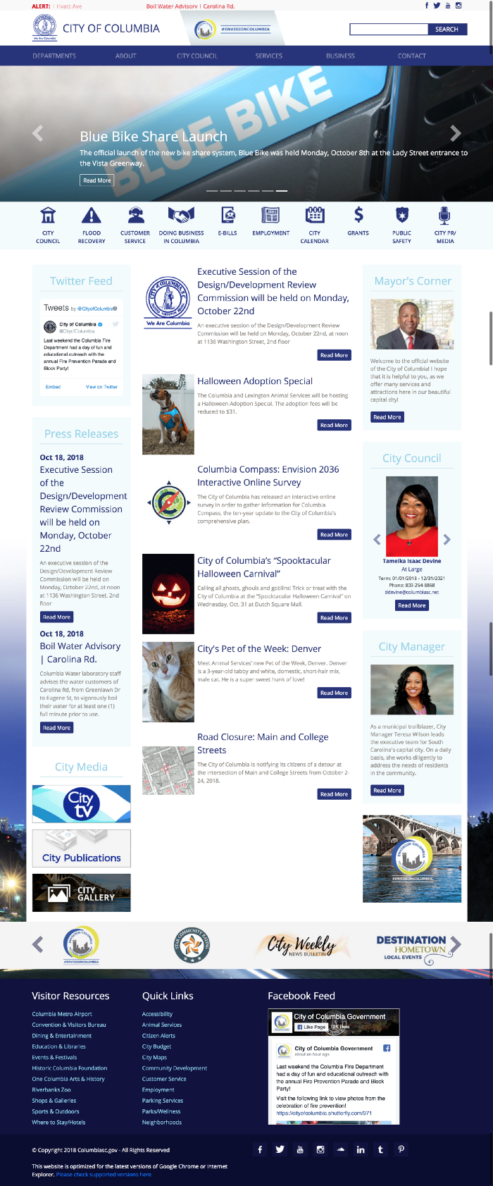 ColumbiaSC-home Home page of the City of Columbia website. It is very cluttered, with several segments of pictures and paragraphs of text.
