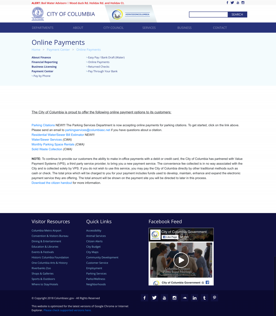 ColumbiaSC-Payments The 'Online Payments' page from the City of Columbia website. There are paragraphs and lots of in-line links, along with a video to watch their Facebook Feed.
