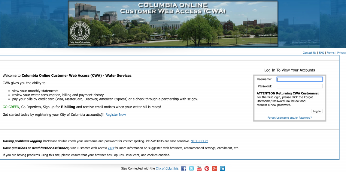 ColumbiaSC-Water The 'water services' page off the City of Columbia website. There are more walls of texts with a small place to log in to the right.