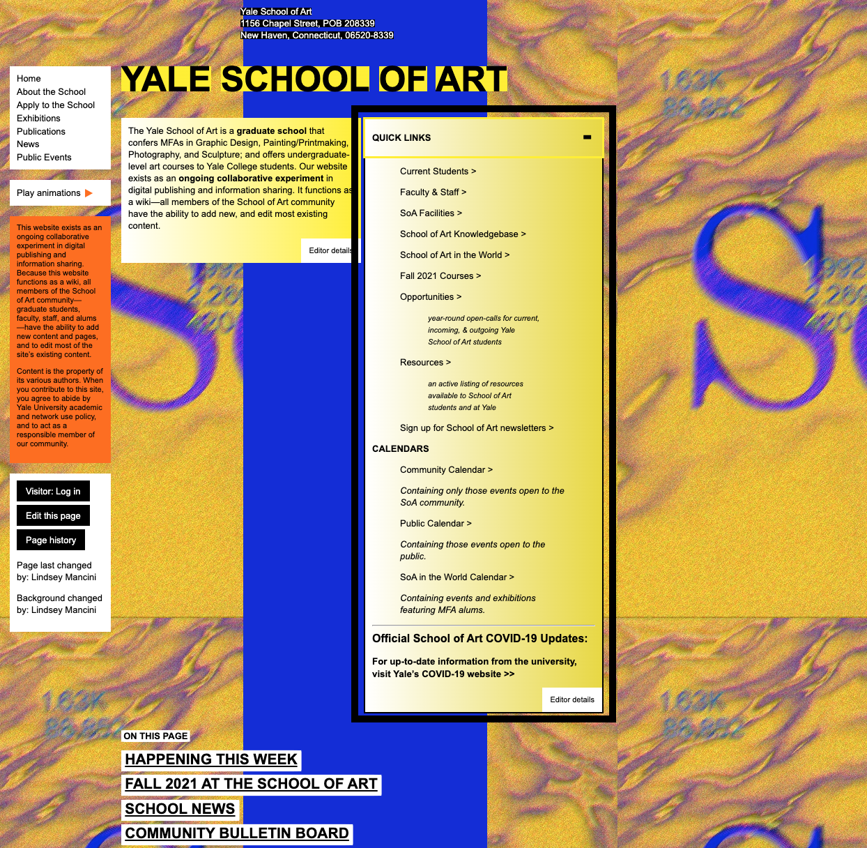 The Yale School of Art Quick Links area. The list is unorganized and long.