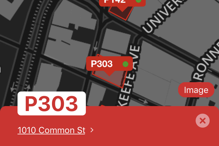 3 A screenshot of the parking app,
showing a close up of a chosen parking space, P303. The map shows the spot but
it is impossible to tell where it is located. You can only see where the spot
is located based on the address.