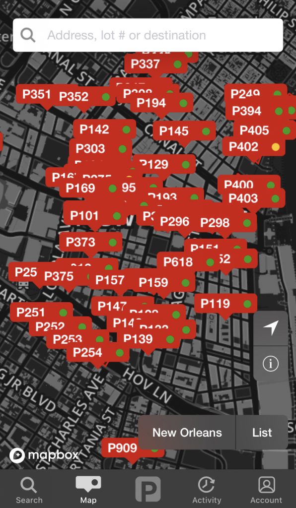 5-596x1024 A screenshot of the
parking app, showing a bunch of red icons on a map, indicating parking spots.
The red icons over lap one another and are difficult to read or tell apart.