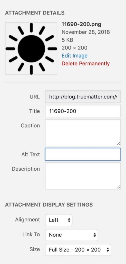 Screen shot of an attachment details screen. The attachment is a sun icon. This screen shows the URL, title, caption, alt text, and description for the image. The alt text input box is highlighted.